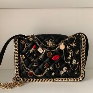 Black Purse with chain, charms and patch detailing